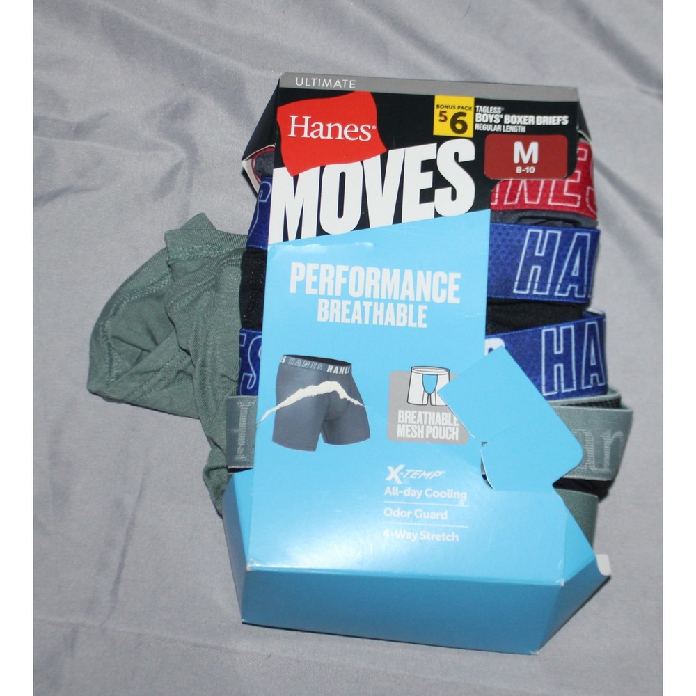 Boys Hanes Moves performance X-temp boxer briefs size M 8-10 5 pack
